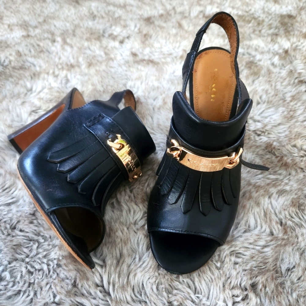 Coach Renita Semi Calf Open Toe Sling Back Black Leather Heels Size 9